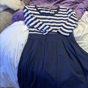 A cute midi blue and white striped dress